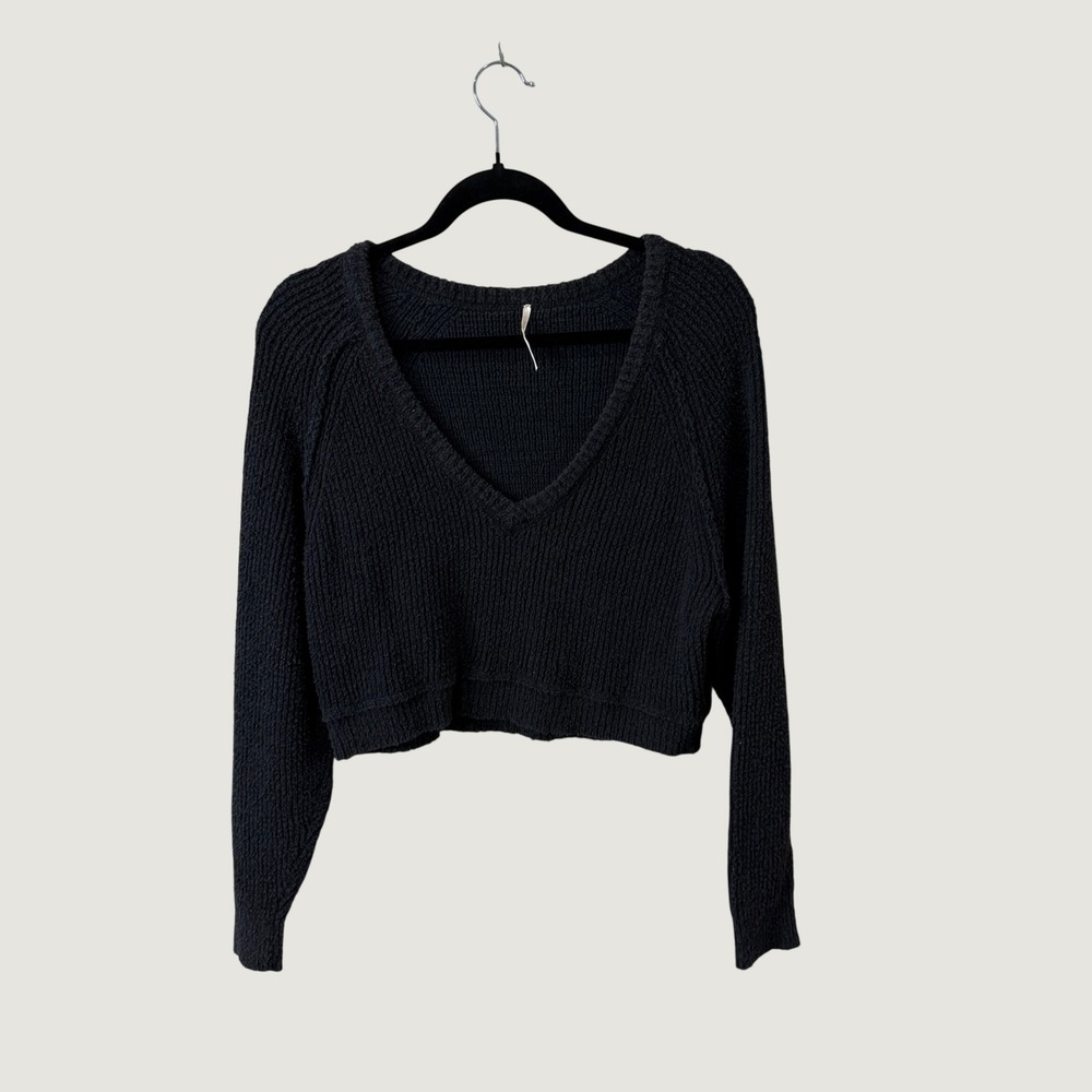 Free People Cropped Sweater Black XS Textured Knit Boho Grunge Fall Layering